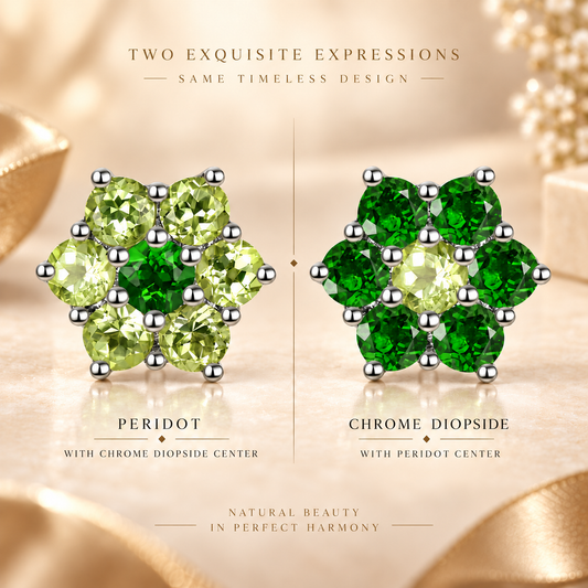 Natural Peridot & Chrome Diopside Floral Cluster Stud Earrings