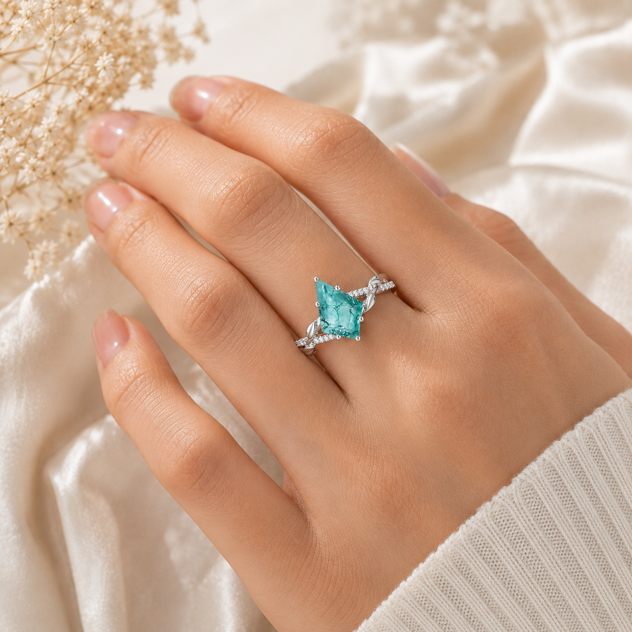 Natural Moss Agate Ring – Kite Cut Nature Inspired Boho Engagement Ring