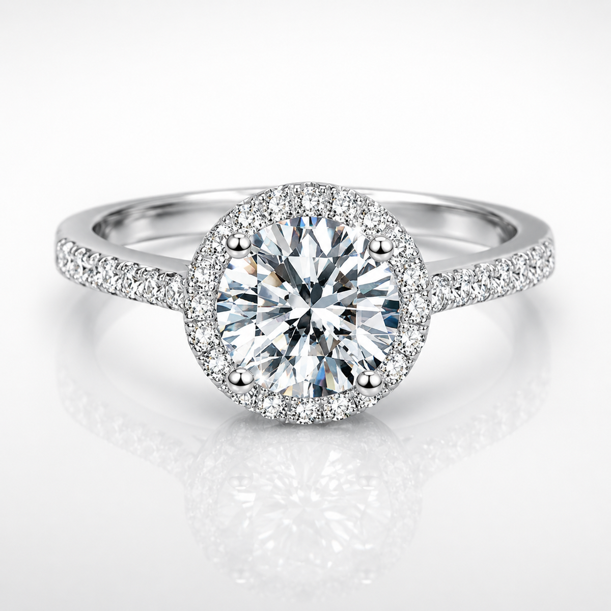 Round Brilliant Cut Moissanite Pavé Halo Engagement Ring