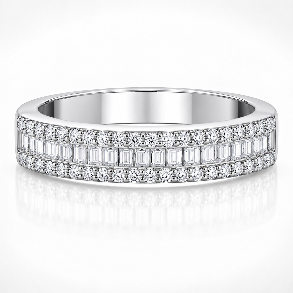 Emerald & Round Brilliant Moissanite Triple-Row Wedding Band
