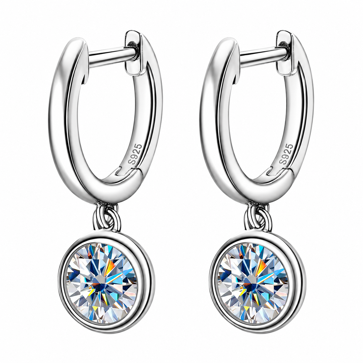 Silver bezel drop moissanite hoop earrings shown on a white background