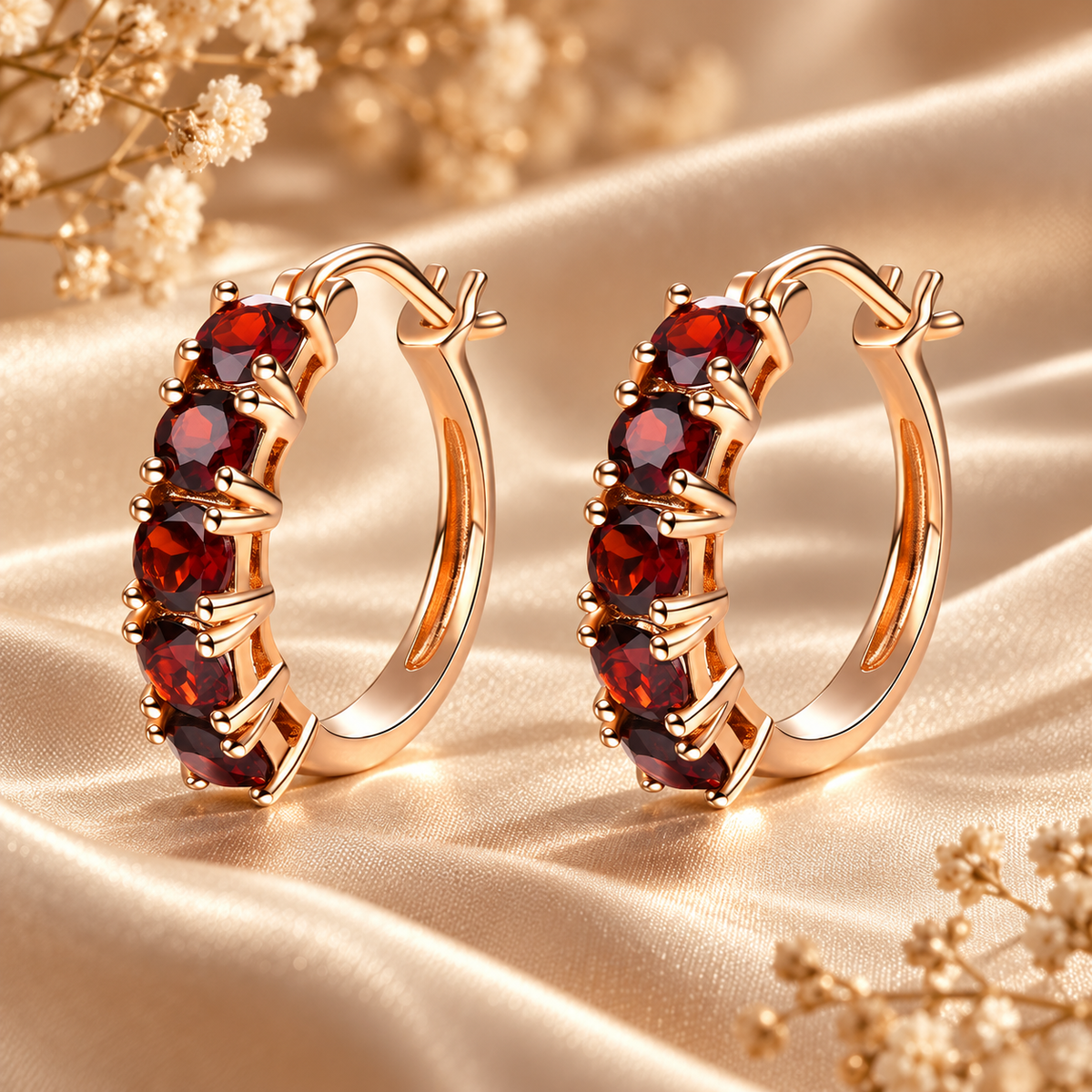 5ct Natural Garnet 5-Stone Hoop Earrings in Rose Gold