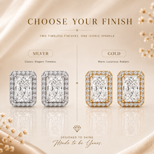 Silver and gold radiant cut halo moissanite stud earrings shown in a finish comparison graphic