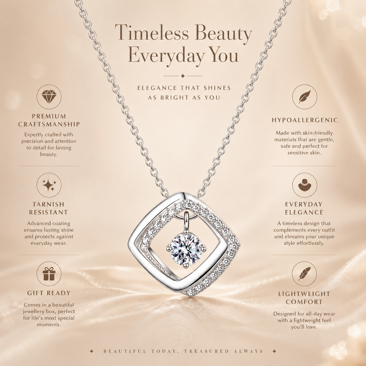 Floating diamond-shape moissanite necklace feature infographic highlighting craftsmanship and lightweight comfort.