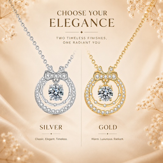 Floating halo moissanite pendant comparison showing silver and yellow gold finishes.