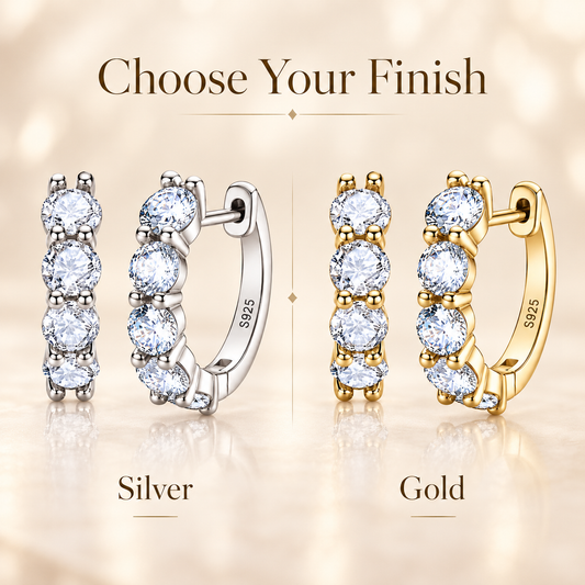 Silver and gold five-stone moissanite hoop earrings shown side by side in a finish comparison graphic
