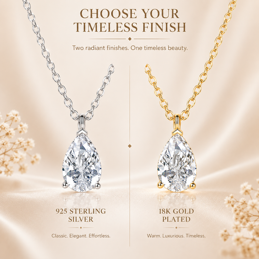 Pear-cut moissanite solitaire necklace finish comparison showing silver and yellow gold versions.