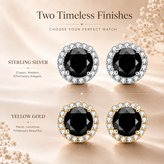 Silver and gold black moissanite halo stud earrings shown in a finish comparison graphic