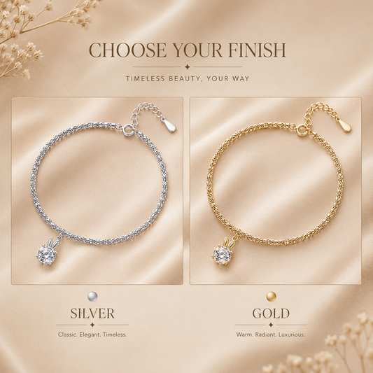 Bunny ear solitaire moissanite bracelet shown side by side in silver and yellow gold finishes on satin