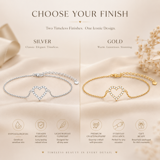 Open heart moissanite bracelet shown side by side in silver and yellow gold finishes on champagne satin