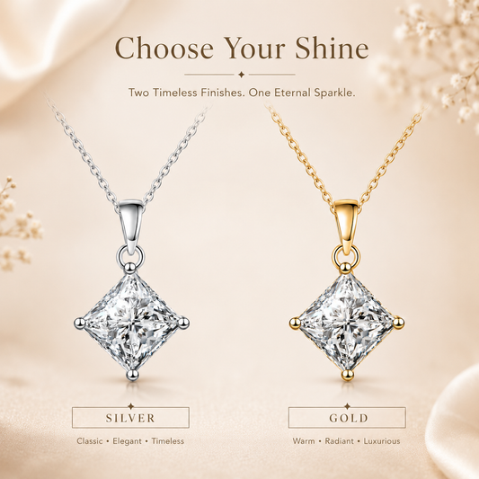 Princess-cut moissanite solitaire necklace comparison showing silver and yellow gold finishes.