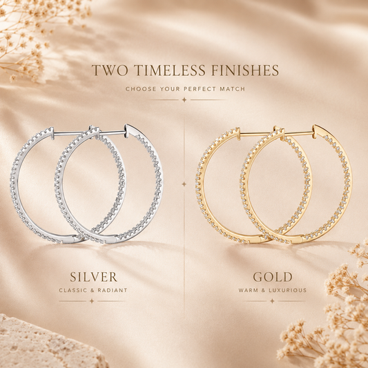 Silver and gold pavé moissanite hoop earrings shown in a finish comparison graphic