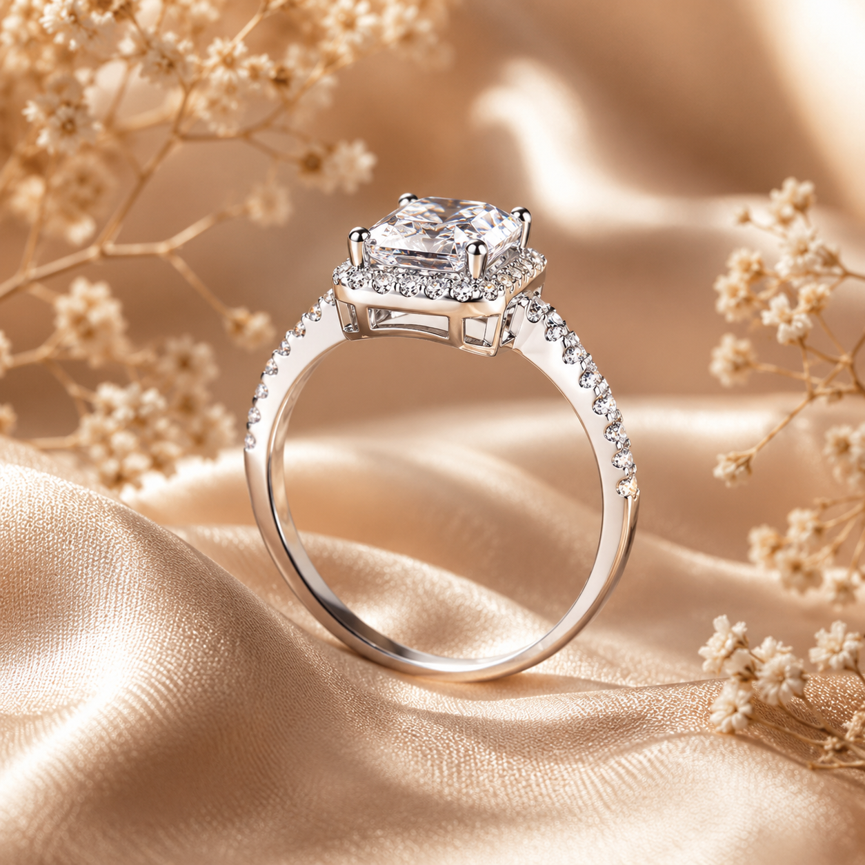 Anel Halo de Moissanite com Corte Radiante