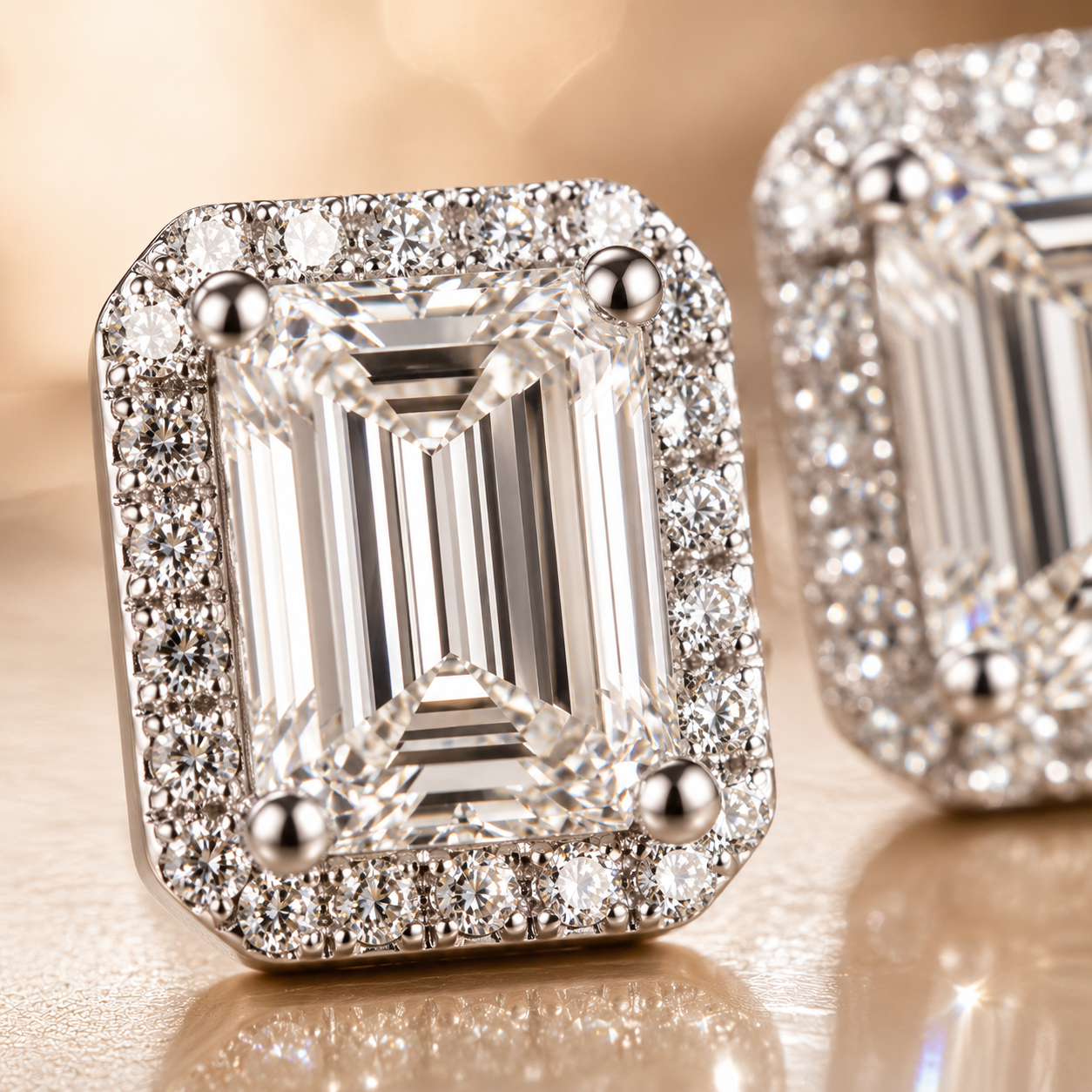 Brincos Halo com corte esmeralda Moissanite