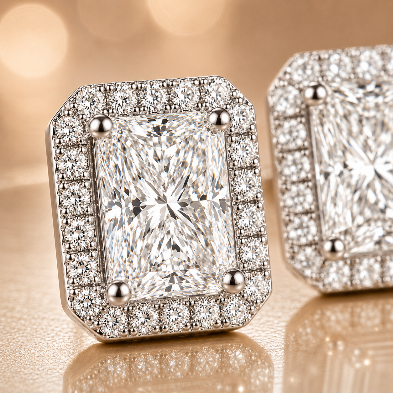 Radiant Cut Halo Moissanite Stud Earrings