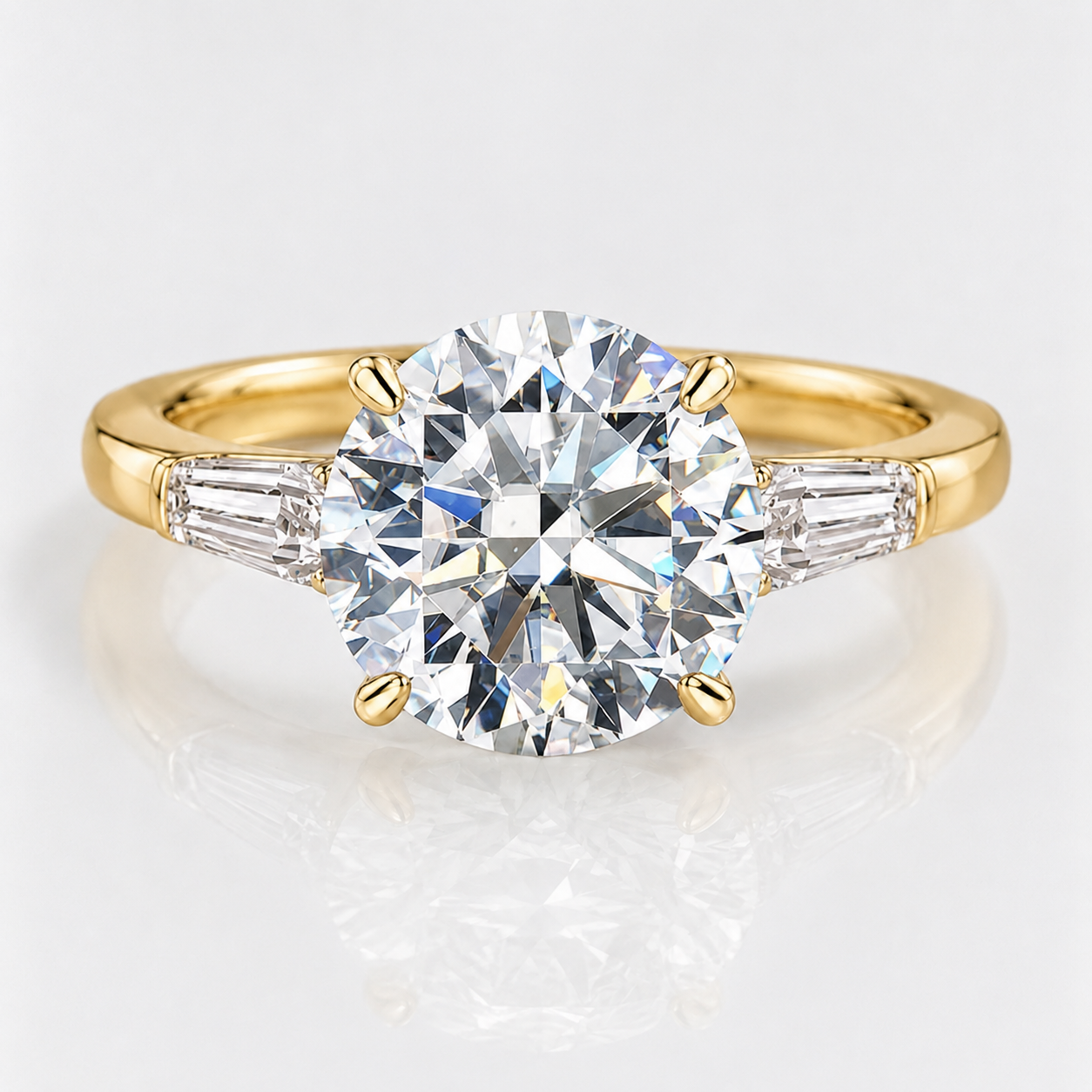 Round Brilliant & Tapered Baguette Moissanite Trilogy Ring
