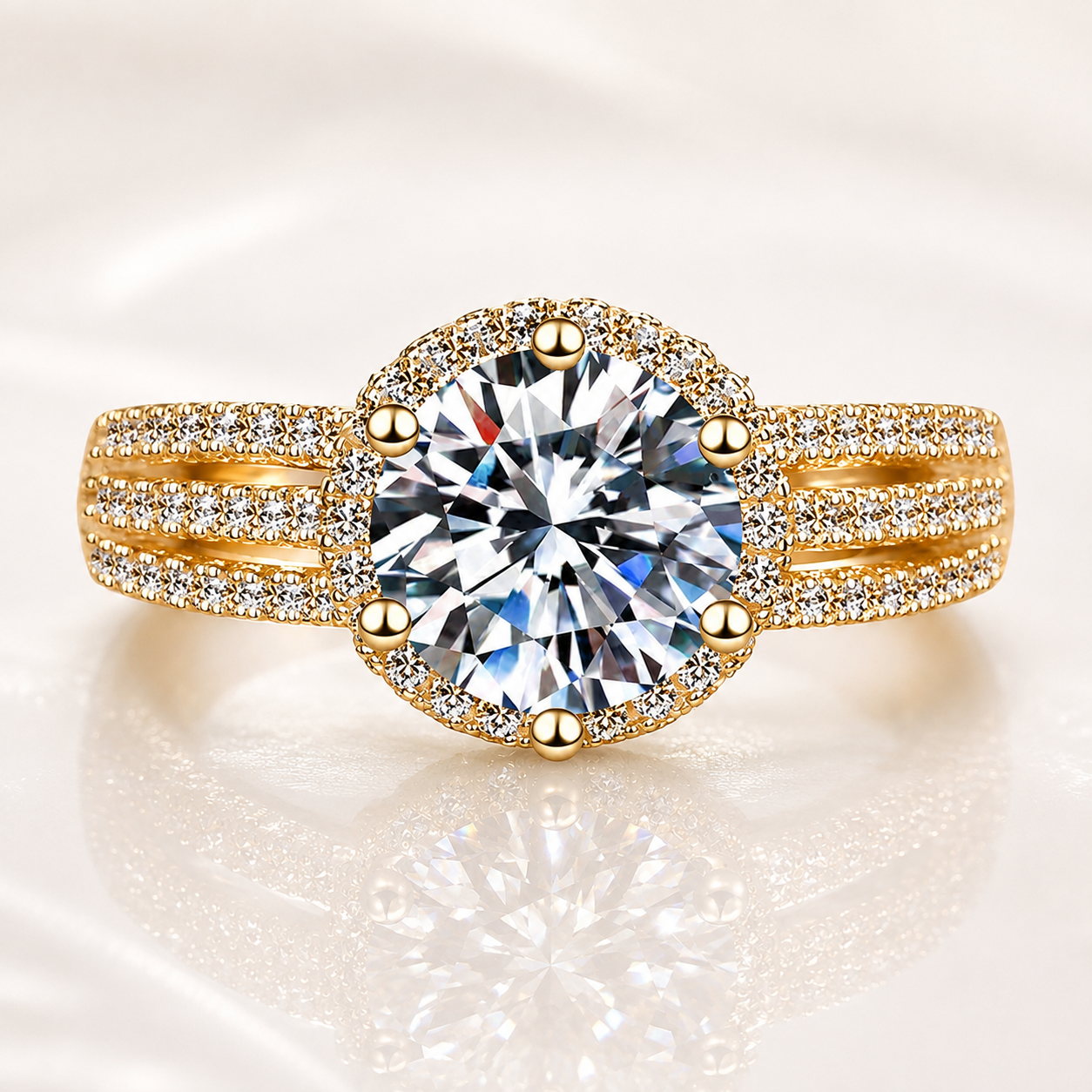 Anillo con halo de tres bandas de moissanita de talla brillante redonda