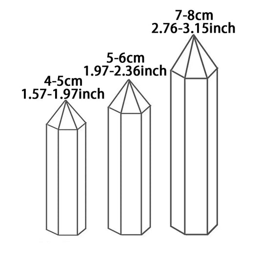 Illustration showing crystal tower size comparison in three categories: 4–5 cm (1.57–1.97 inch), 5–6 cm (1.97–2.36 inch), and 7–8 cm (2.76–3.15 inch), with outlined tower shapes and labelled height ranges.