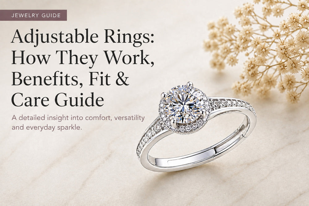 Adjustable moissanite ring showing its flexible open-band design