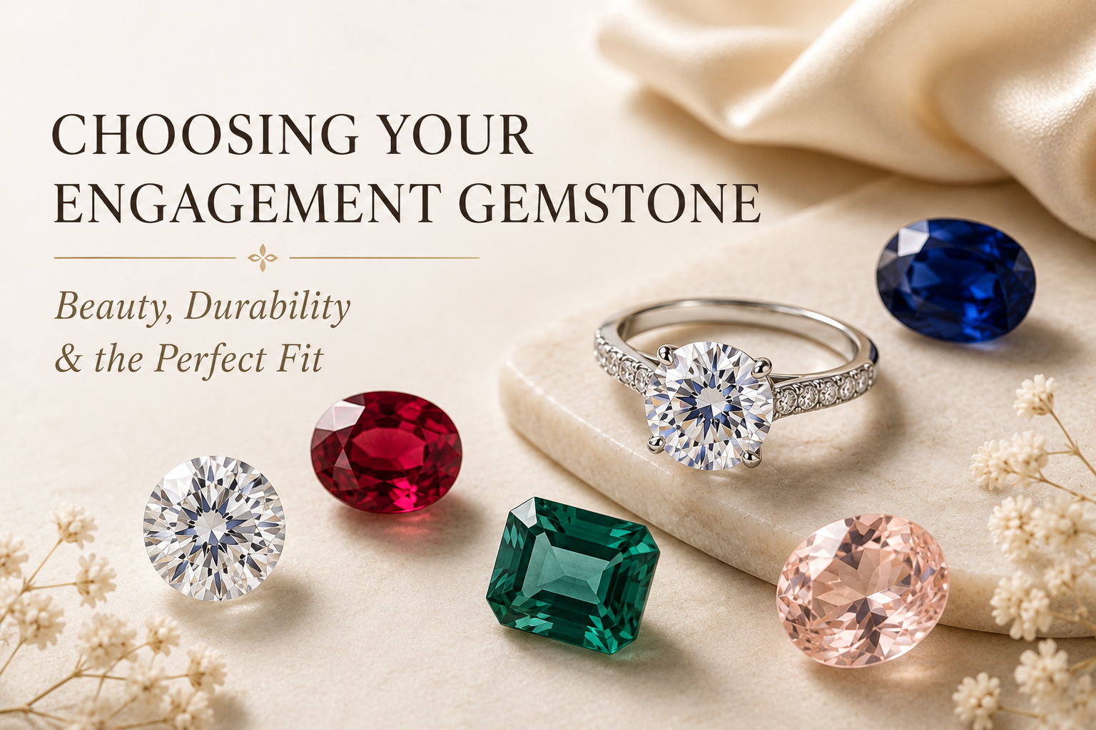 Moissanite, sapphire, ruby and emerald gemstones displayed for an engagement ring gemstone guide