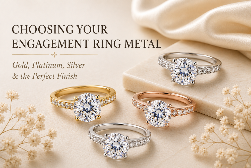 Moissanite engagement rings in white, yellow and rose metals illustrating different engagement ring metal choices