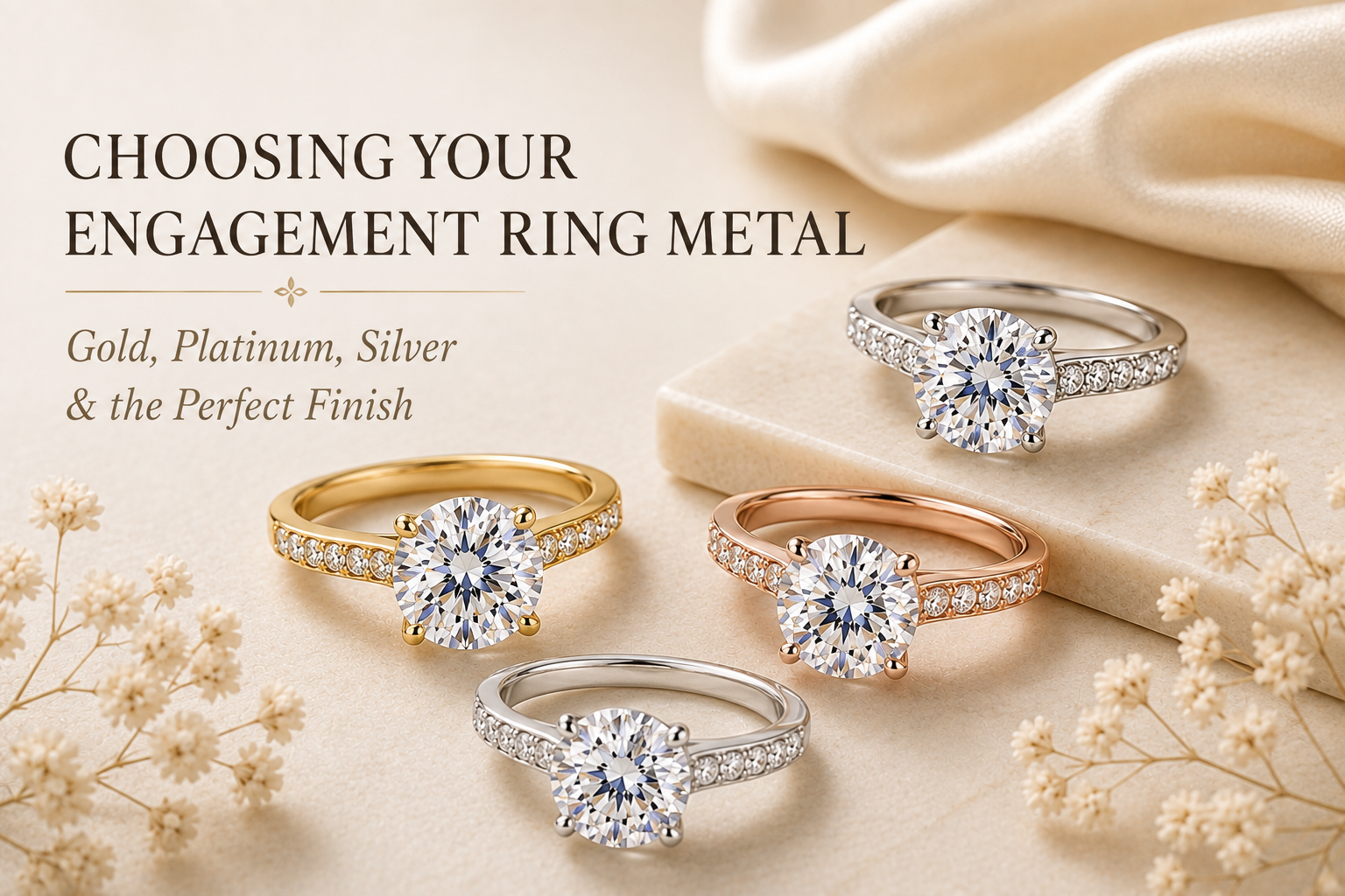 Moissanite engagement rings in white, yellow and rose metals illustrating different engagement ring metal choices