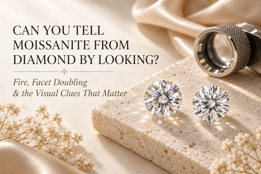 Moissanite and diamond compared side by side under jewellery lighting with a loupe to show differences in fire and facet reflections
