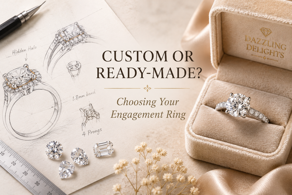 Engagement ring design sketch beside a finished moissanite ring illustrating custom and ready-made ring choices