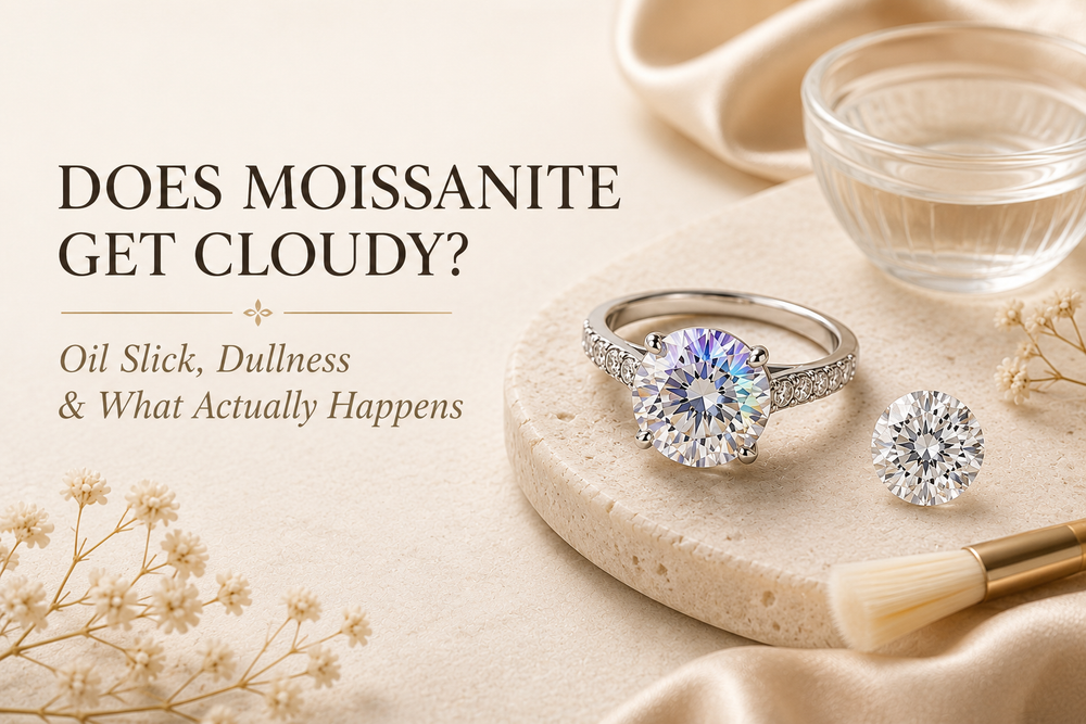 Moissanite ring with a subtle iridescent surface film beside cleaning tools for a guide to cloudy moissanite and oil slick