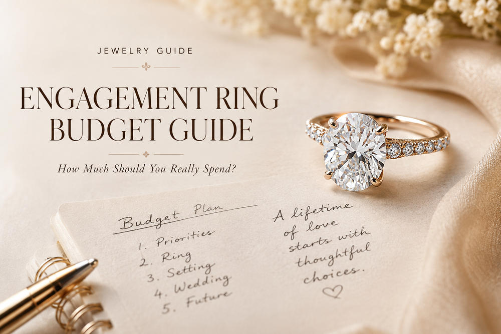Moissanite engagement ring styled with elegant budgeting notes for an engagement ring budget guide