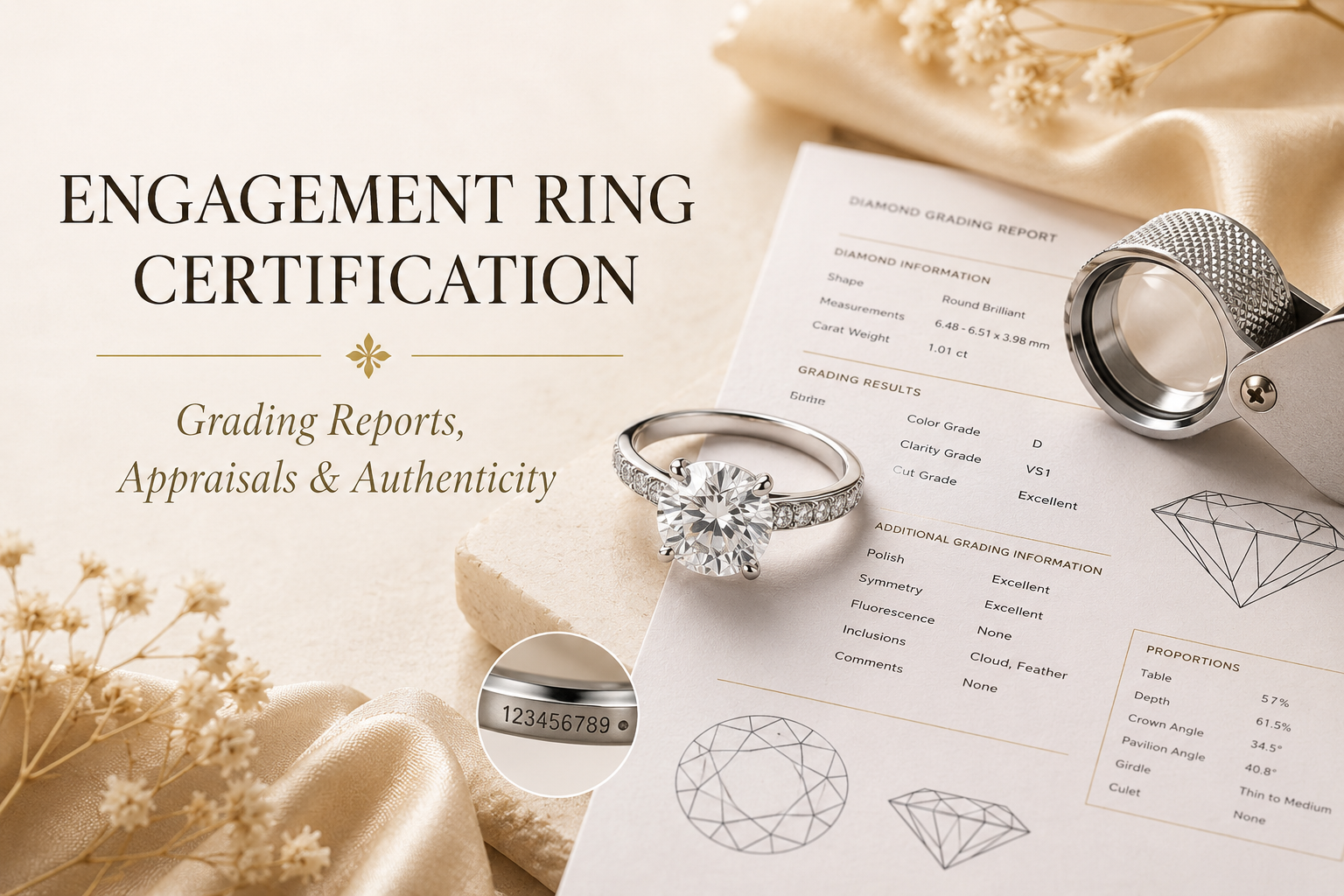 Moissanite engagement ring beside a gemstone grading report and jeweller's loupe for an engagement ring certification and appraisal guide
