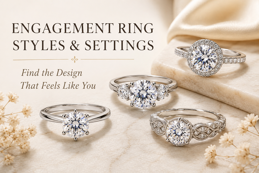 Different moissanite engagement ring styles including solitaire, halo and trilogy designs