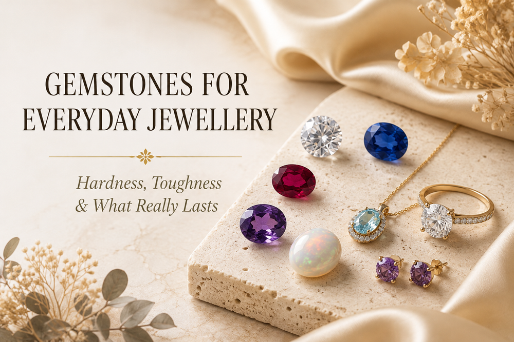 Moissanite, sapphire, ruby, amethyst and opal arranged with everyday jewellery for a practical gemstone durability guide