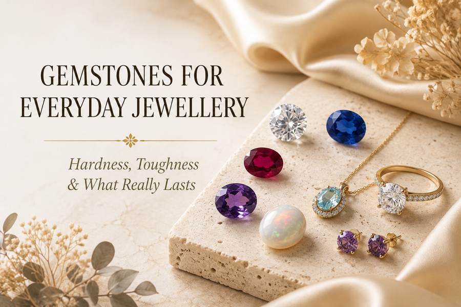 Moissanite, sapphire, ruby, amethyst and opal arranged with everyday jewellery for a practical gemstone durability guide