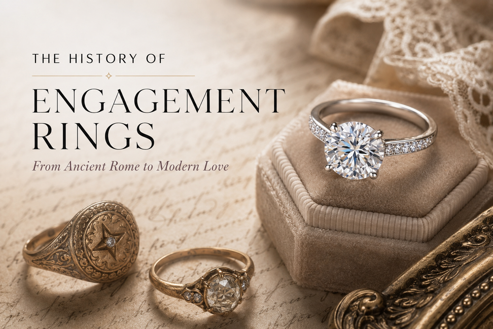 Moissanite engagement ring styled to represent the history and symbolism of engagement rings