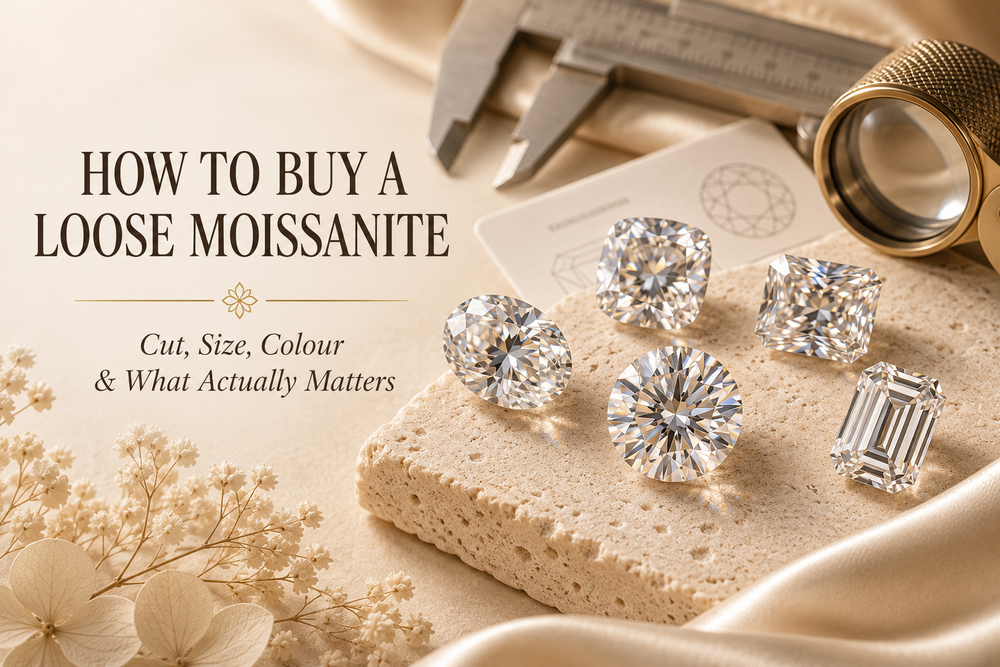 Loose round, oval, radiant, cushion and emerald cut moissanites with a jeweller's loupe for a practical moissanite buying guide