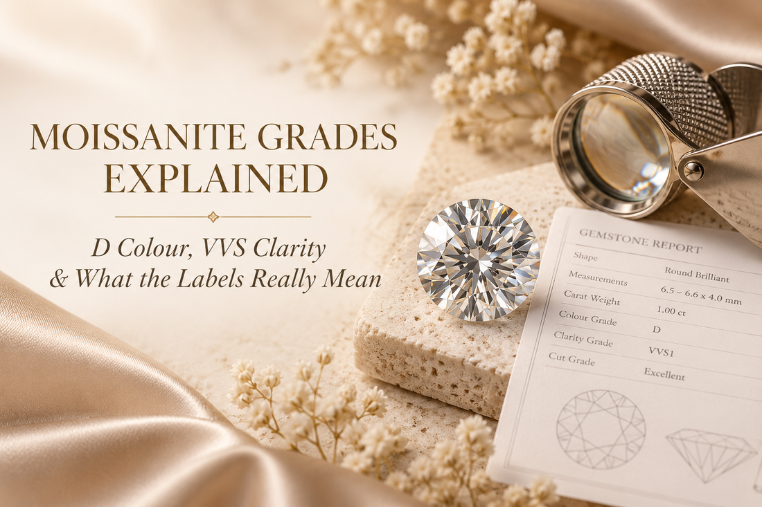 Colourless moissanite beside a jeweller's loupe and gemstone report for a guide to D colour, VVS clarity and moissanite certification