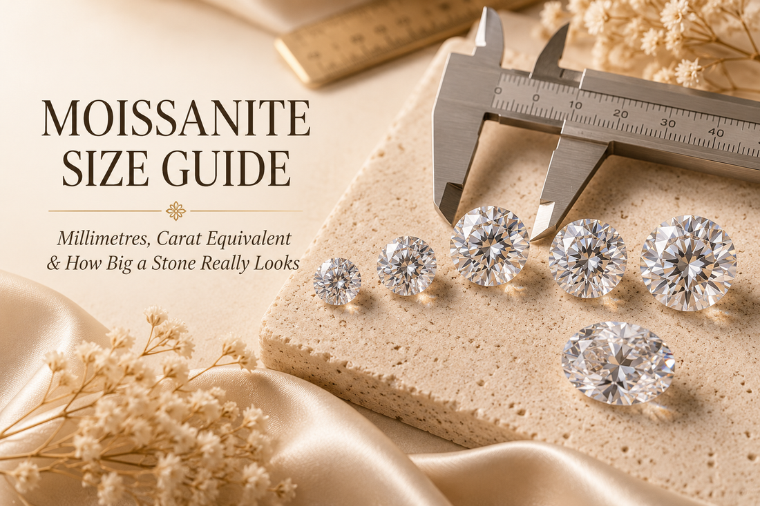 Loose moissanites in increasing sizes beside a jeweller's calliper for a guide to millimetres, carat equivalent and visual stone size