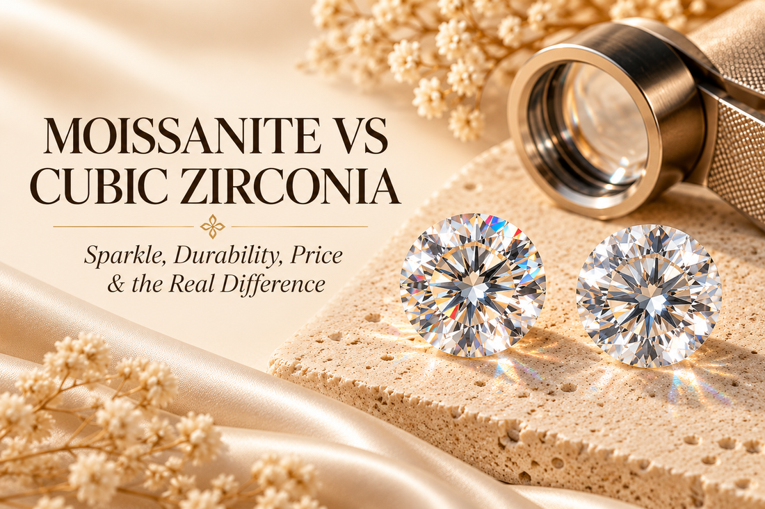 Moissanite and cubic zirconia compared side by side for sparkle, durability, appearance and long-term jewellery wear
