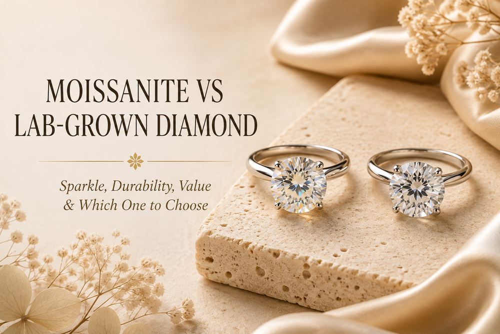 Moissanite and lab-grown diamond shown side by side in a luxury jewellery comparison of sparkle, durability and value