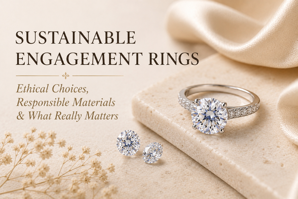 Moissanite engagement ring photographed in natural light for a guide to sustainable engagement ring choices