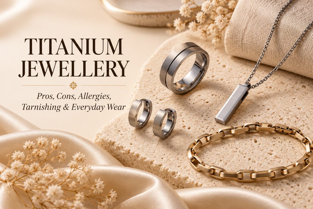 Titanium ring, earrings, necklace and bracelet arranged for a practical guide to titanium jewellery, allergies, tarnishing and everyday wear