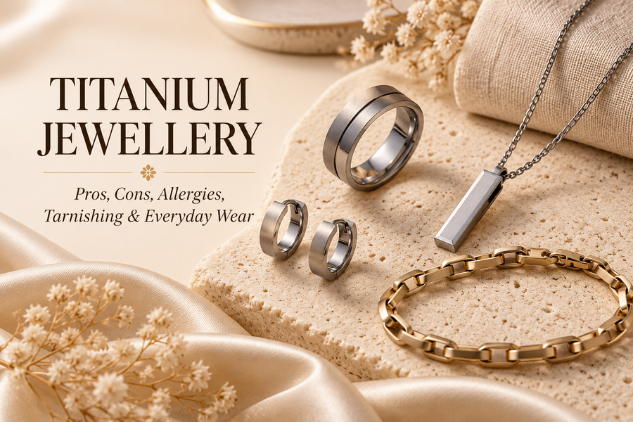 Titanium ring, earrings, necklace and bracelet arranged for a practical guide to titanium jewellery, allergies, tarnishing and everyday wear
