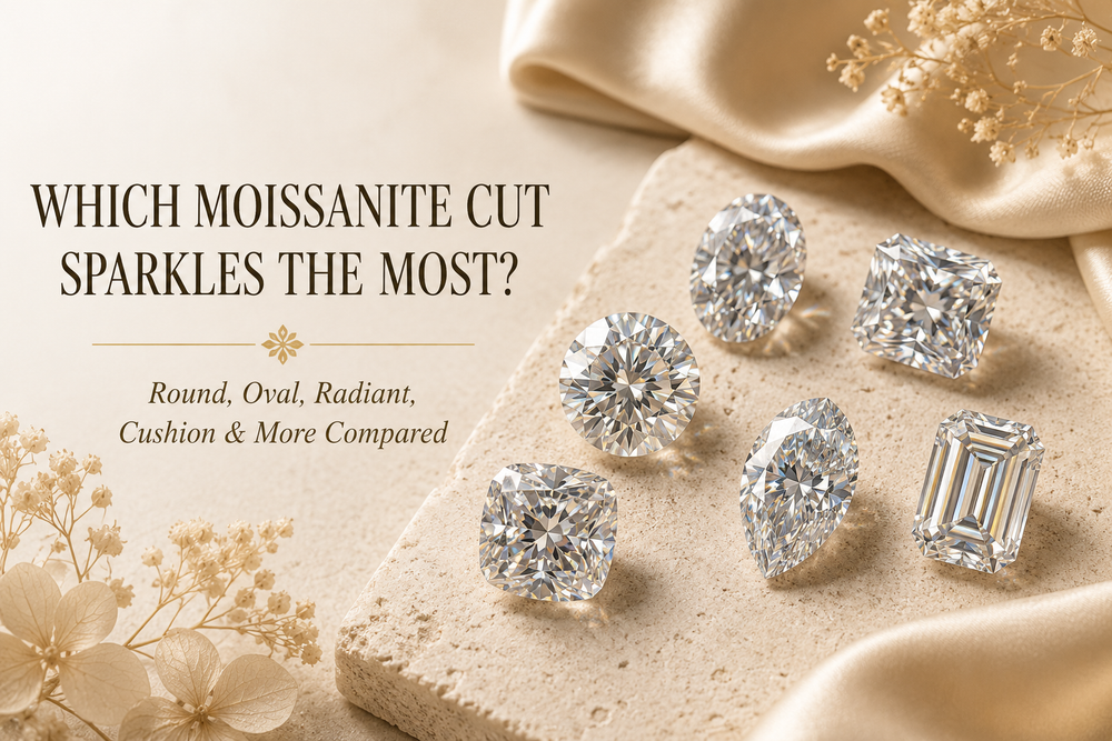 Round, oval, radiant, cushion, pear and emerald cut moissanites compared for brilliance, fire and sparkle