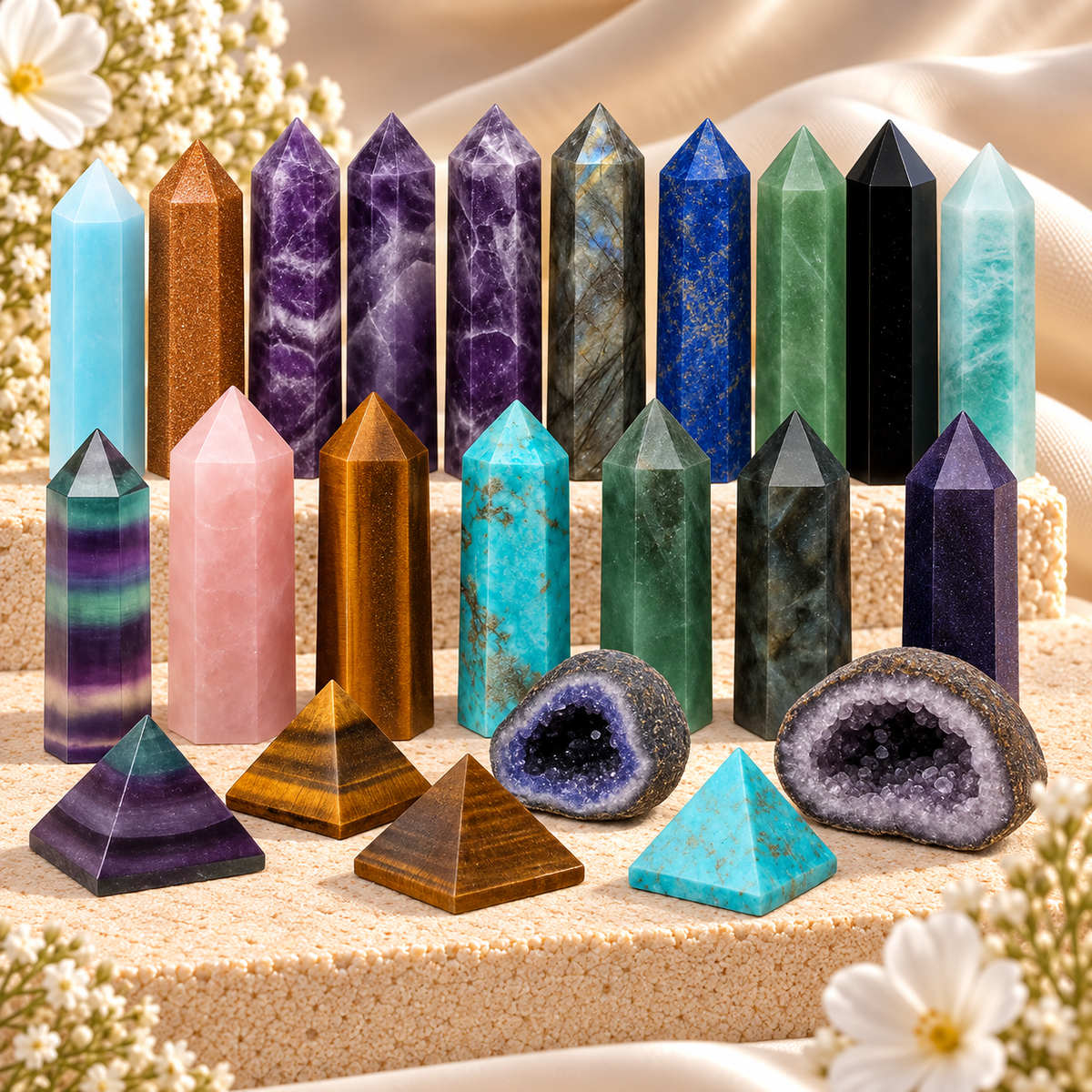 Polished crystal towers, pyramids and geodes in assorted colours displayed on cream stone with satin and soft floral accents.