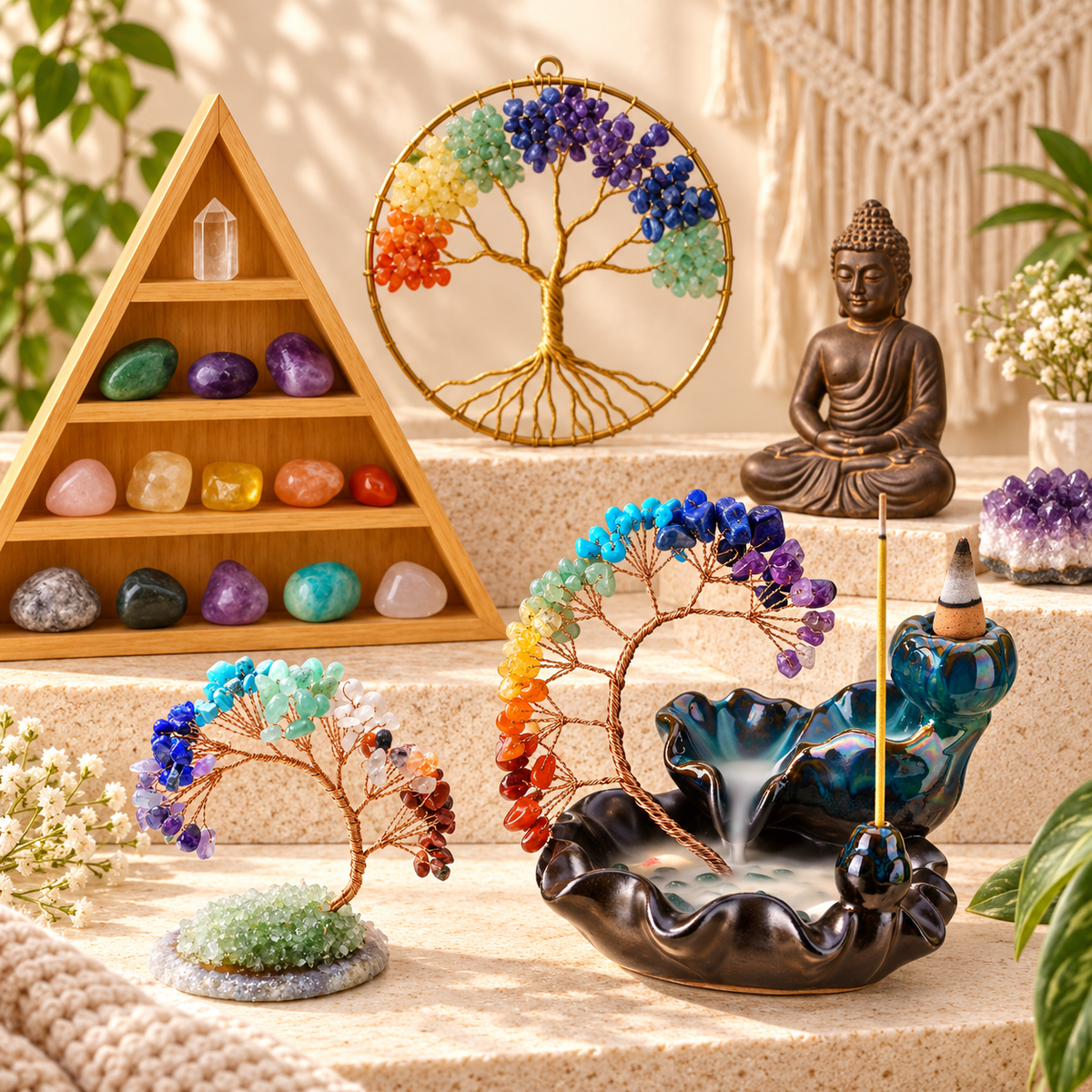 Holistic decor with crystal trees, gemstone display shelves, Buddha statue and incense burner arranged on cream stone with soft floral accents.