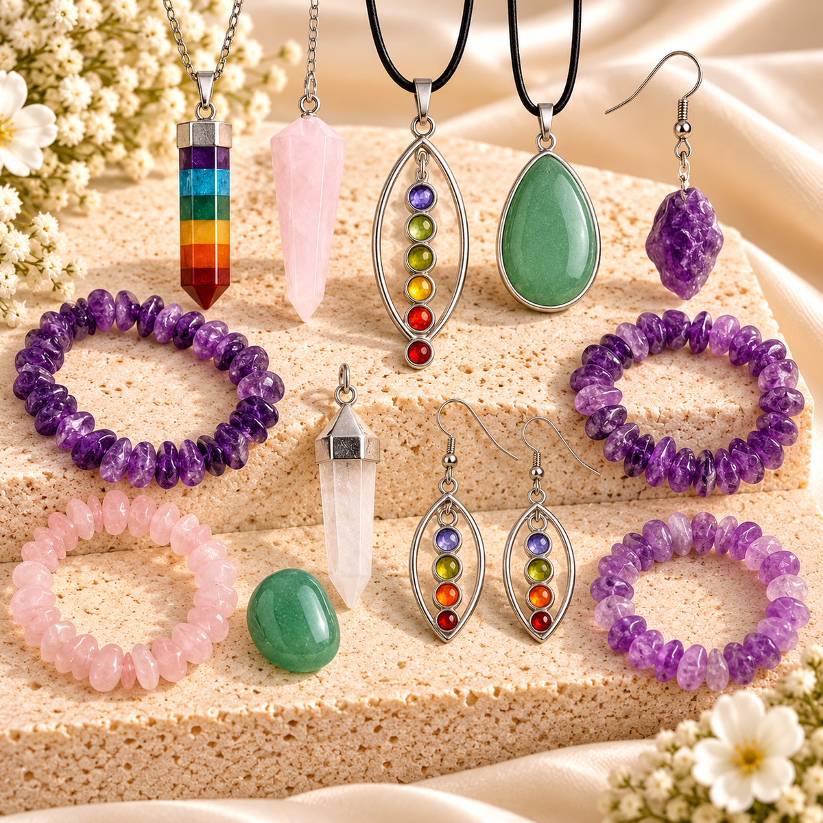 Holistic jewellery including crystal pendants, chakra earrings and gemstone chip bracelets displayed on cream stone with soft floral accents.