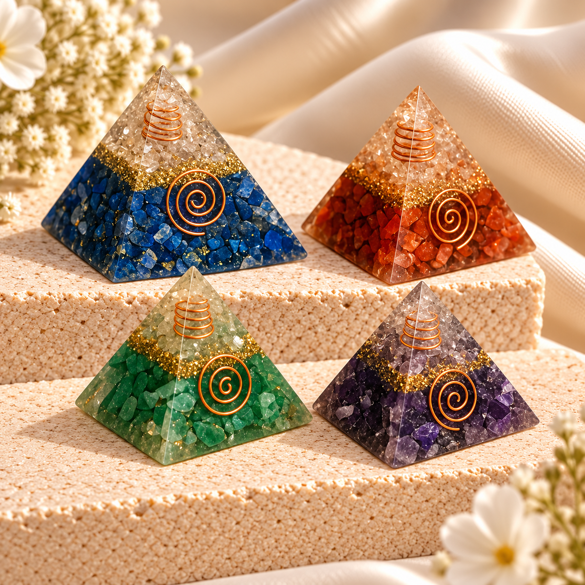 Crystal orgone pyramids in blue, orange, green and purple tones with copper spirals displayed on cream stone with soft floral accents.