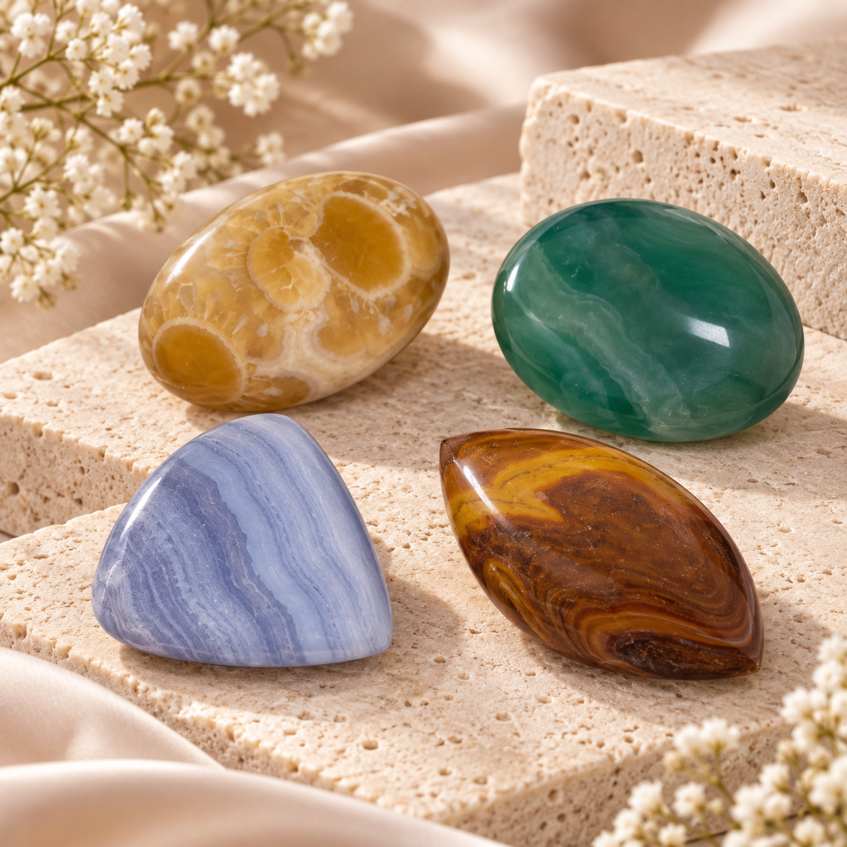 Polished natural agate gemstones in green, blue, golden and brown tones displayed on cream stone with soft floral accents.