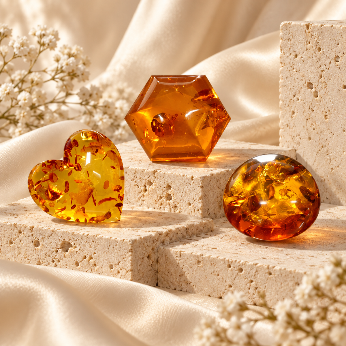 Polished amber gemstones in warm golden and honey tones displayed on cream stone with soft floral accents.